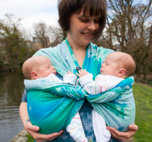 Babywearing multiples, jasmine’s hip carry with rings, babywearing twins