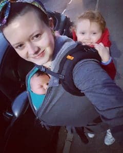 Tandem babywearing, stretchy on the front, Beco toddler on the back