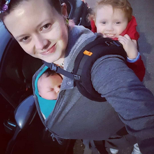 Tandem babywearing, stretchy on the front, Beco toddler on the back